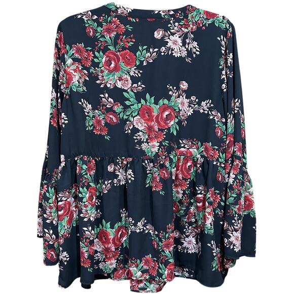 The Pioneer Woman Blouse Size Large Black Red Floral Bell Sleeve Boho Tunic Top - Picture 2 of 8